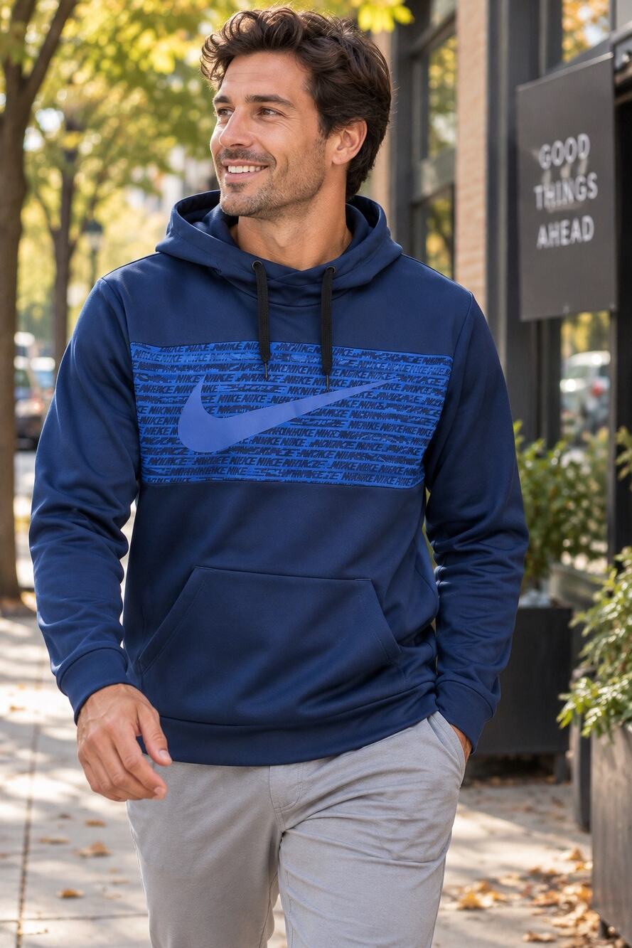 Nike Dri-FIT Men’s Medium Blue Graphic Swoosh Pullover Sweatshirt Hoodie